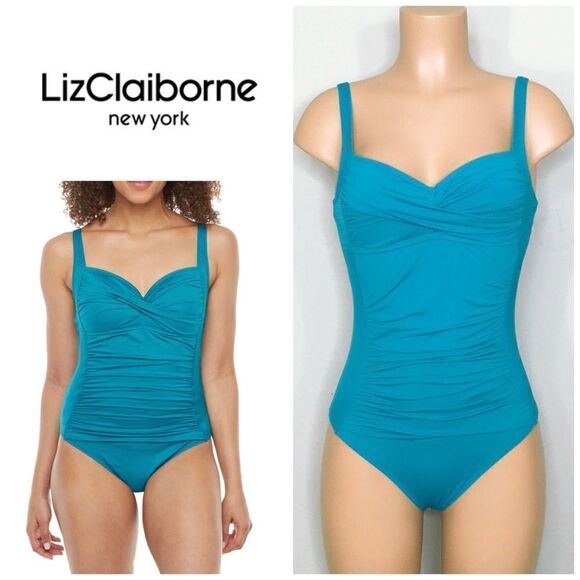 New Liz Claiborne teal ruched swimsuit. - Picture 11 of 12
